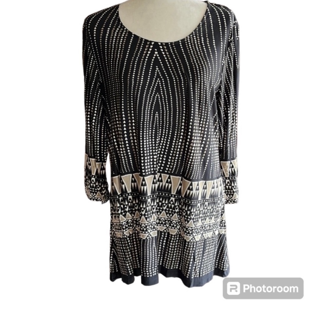 Southern Lady Black Multicolored Textured Geometric Print Tunic Top Size L